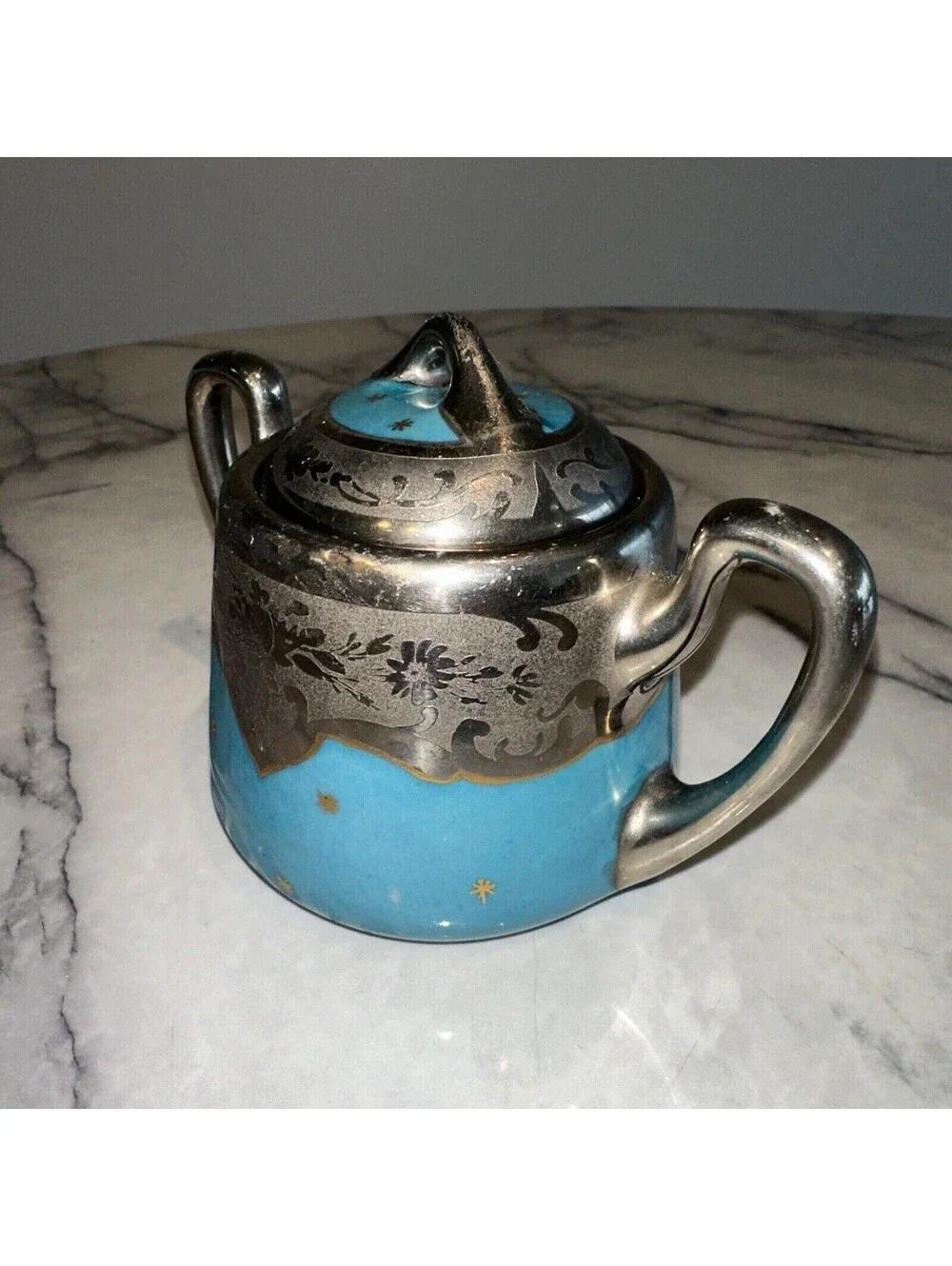 Brauer Hand Painted Lidded Sugar Bowl vintage Silver Chrome Gold Blue Art Deco